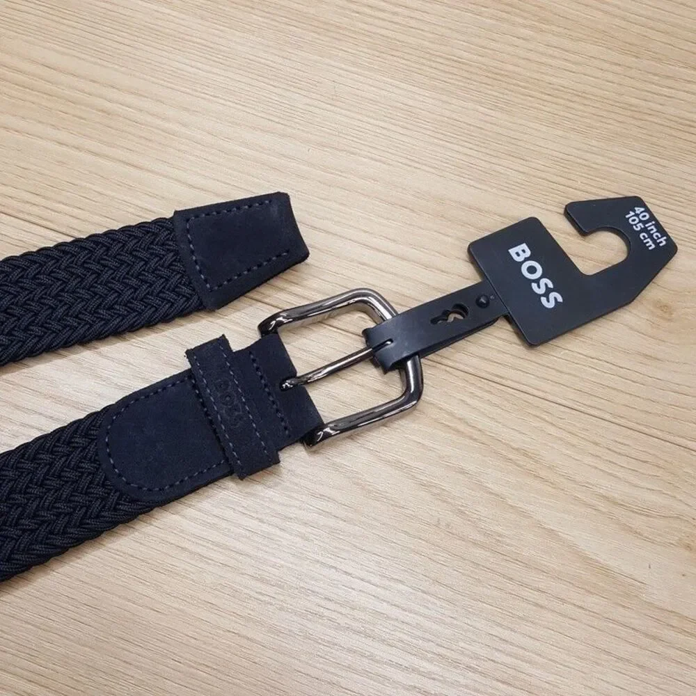 HUGO BOSS Belt Mens Size 40 Navy Blue Braided Woven Silver Buckle SASH